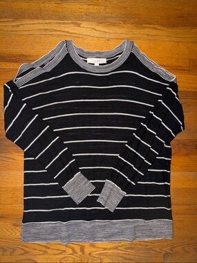 LOFT Black and White Striped Lightweight Knit Sweater with Peek-a-boo Shoulders